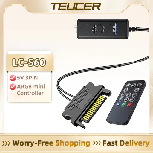 TEUCER LC-S60 ARGB Controller Cable 5V 3PIN to SATA Interface Extension Controller with Remote Control for PC Cooling Fan