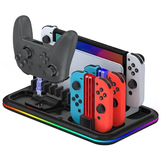 HONCAM DZ601 RGB Light Charging Station for Nintendo Switch Game Console / Controller Heat Dissipation Charging Dock Stand - White