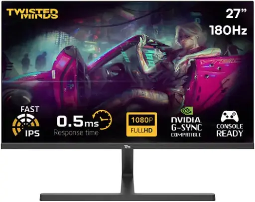 Twisted Minds TM27FHD180IPS Blaze Series Gaming Monitor, 27" FHD IPS Display, 180Hz Refresh Rate, 0.5ms Response Time, NVIDIA G-Sync Compatible, 16.7M Colors, Black 