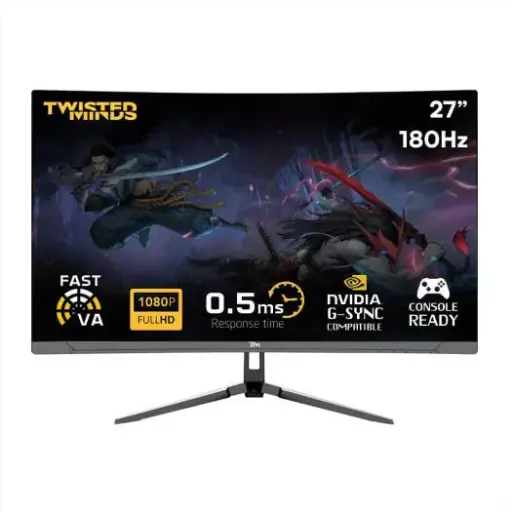 Twisted Minds TM27FHD180VA Curved Gaming Monitor, 27" FHD VA Display, 180Hz Refresh Rate, 0.5ms Response Time, R1500 Curvature, Aspect Ratio 16 9, HDMI, DP & Audio Ports, Black