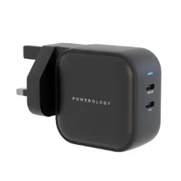 Powerology 65W Dual PD GaN Charger Dual Type-C Power Delivery, Black, PWCUQC007-BK